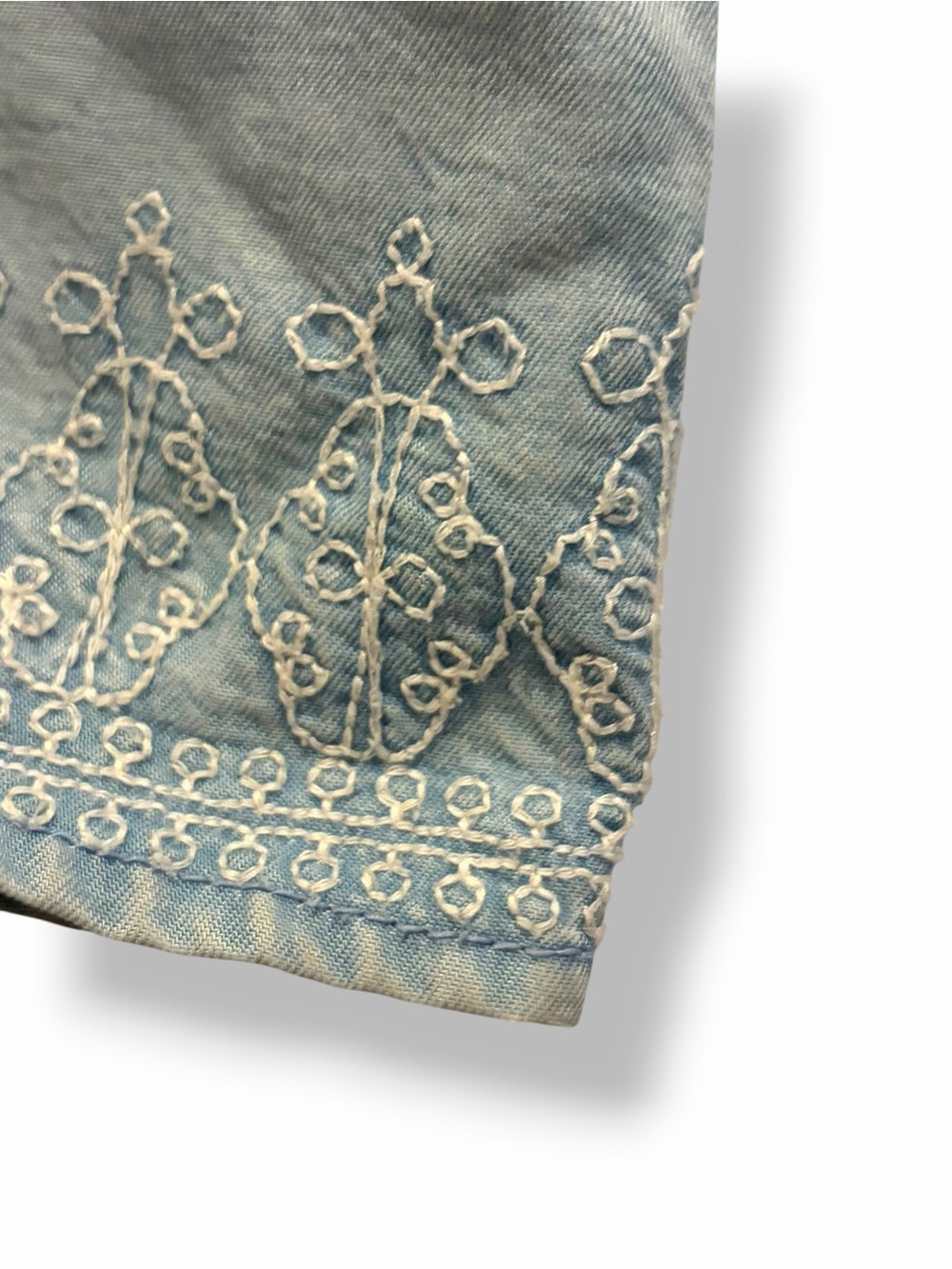 J.Jill Denim Embroidered Tencel Peasant Top Large Petite Tassel Boho Blue - Picture 8 of 14
